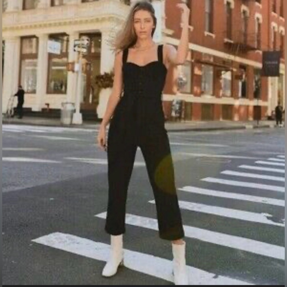 NWT Trendy Y2K Classic Black Denim Bustier Jumpsuit With Tie West Pockets SizeS